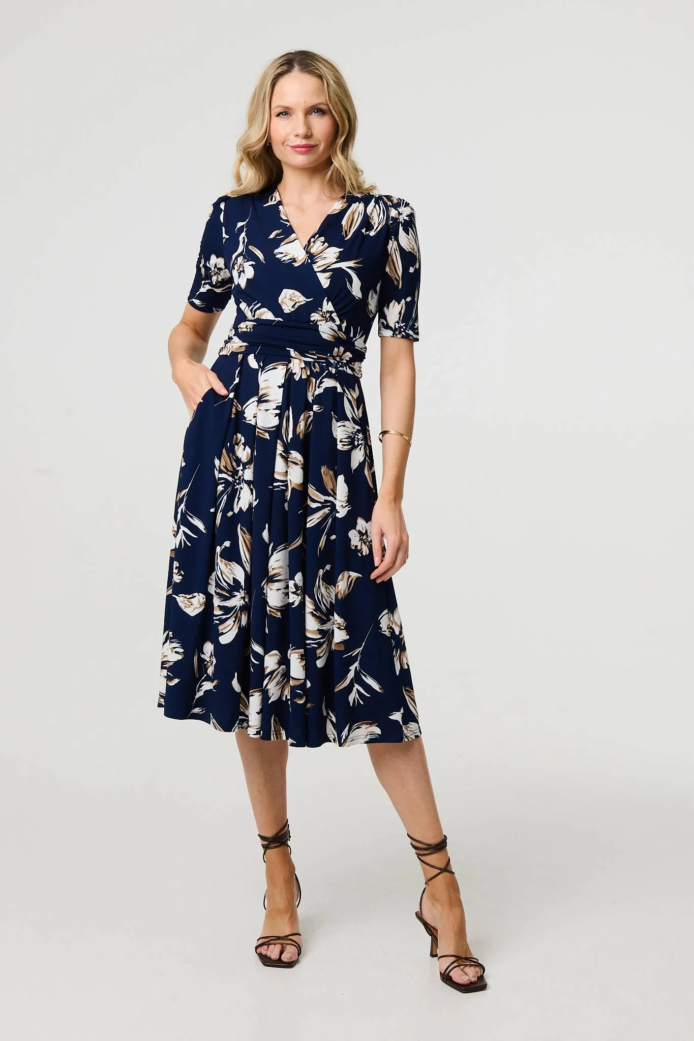 Floral 1/2 Sleeve V-Neck Midi Wrap Dress