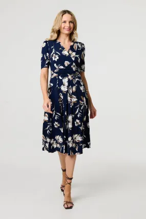 Floral 1/2 Sleeve V-Neck Midi Wrap Dress