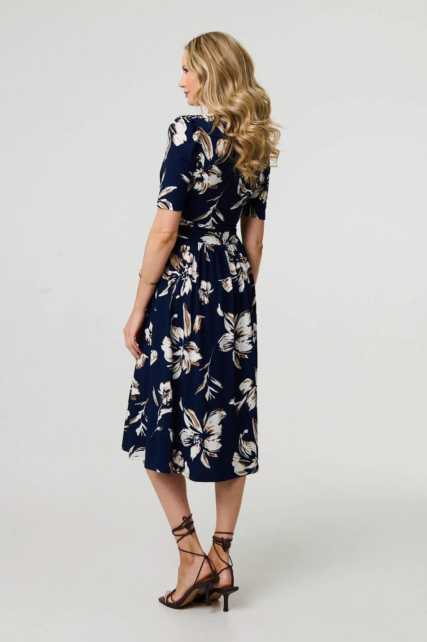 Floral 1/2 Sleeve V-Neck Midi Wrap Dress