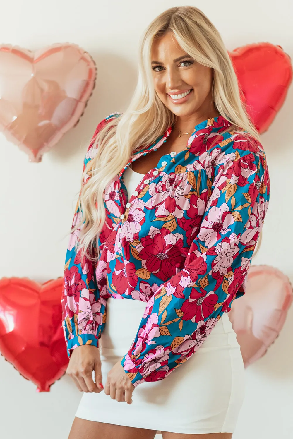 Floral Balloon Sleeve Half Buttons Blouse