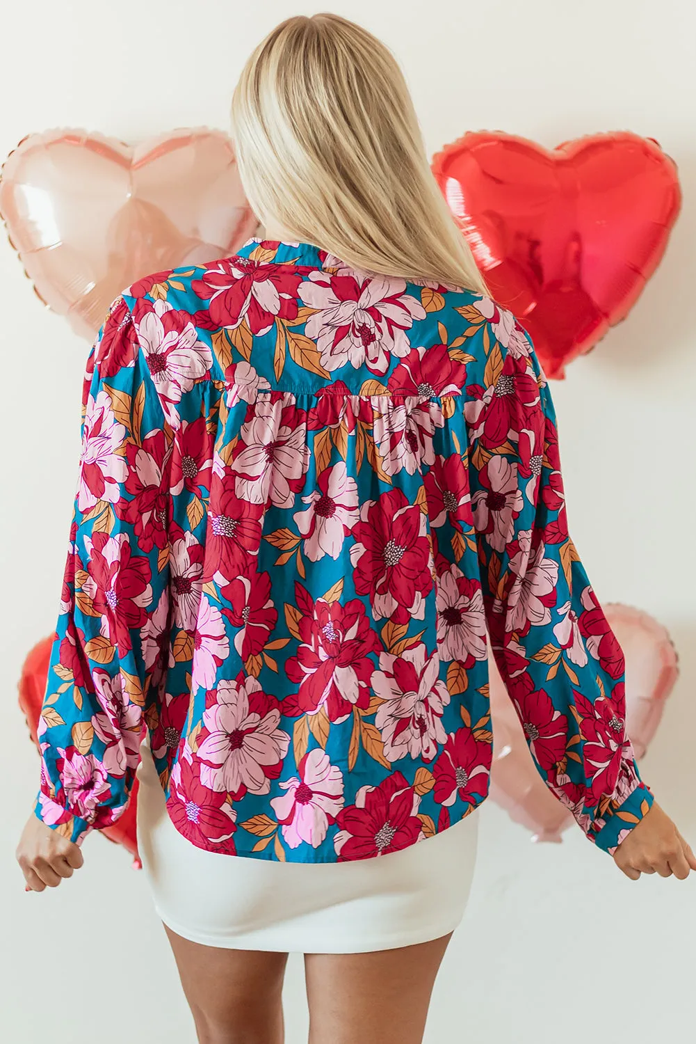 Floral Balloon Sleeve Half Buttons Blouse