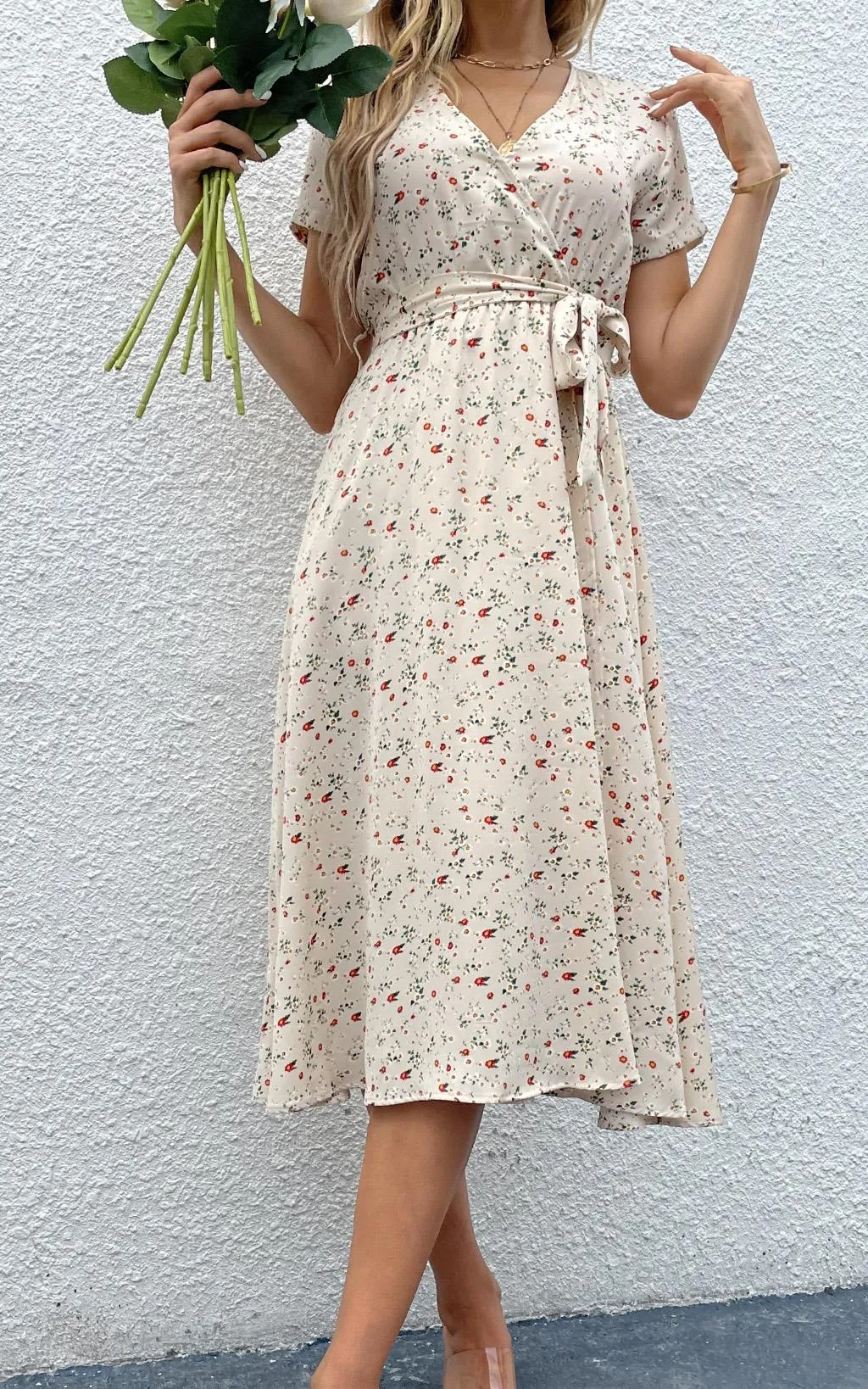 Floral Print High Waist Wrap Midi Dress In Beige