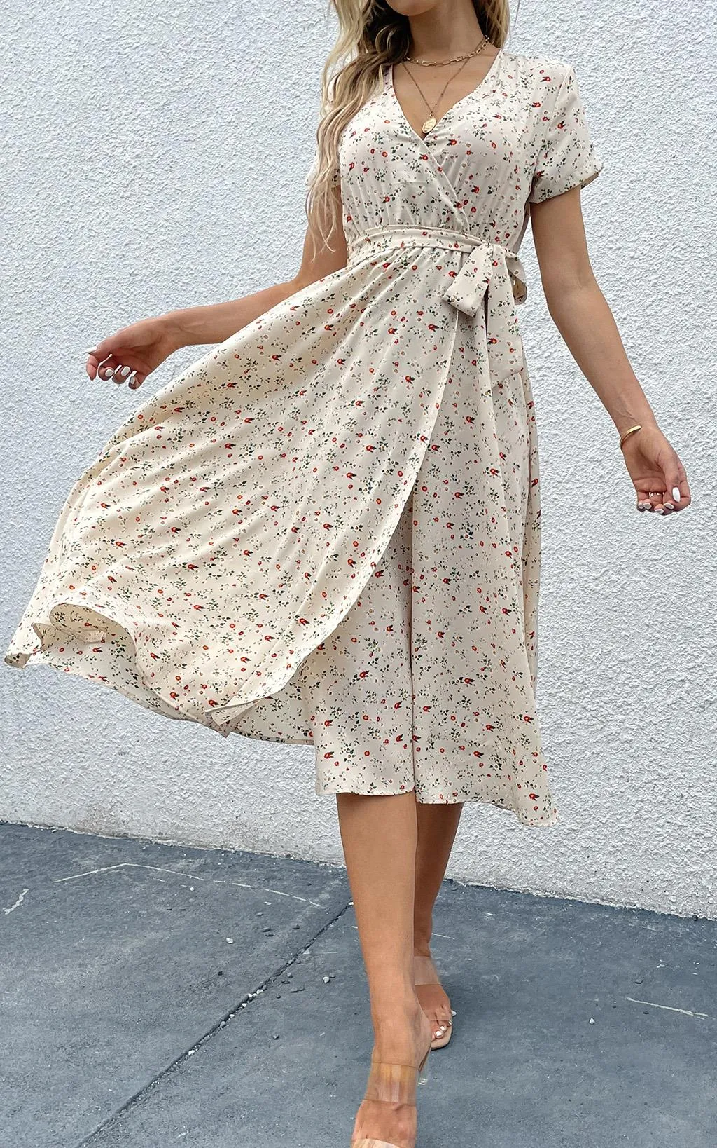 Floral Print High Waist Wrap Midi Dress In Beige