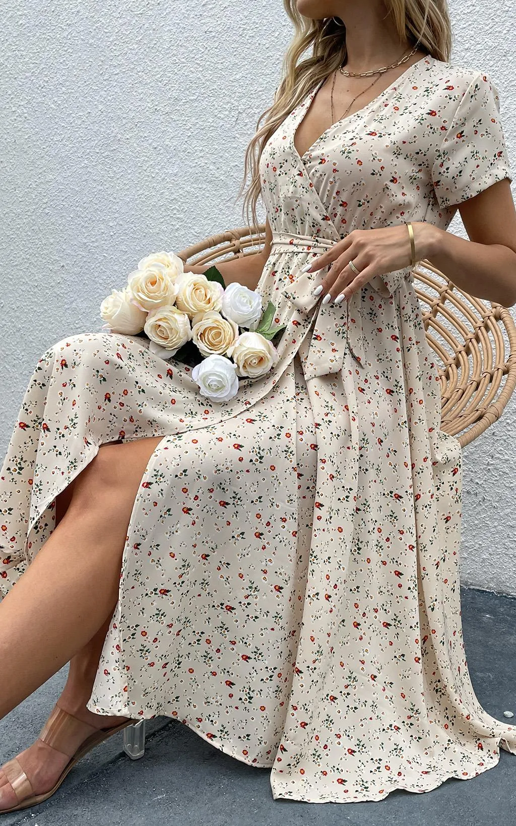 Floral Print High Waist Wrap Midi Dress In Beige