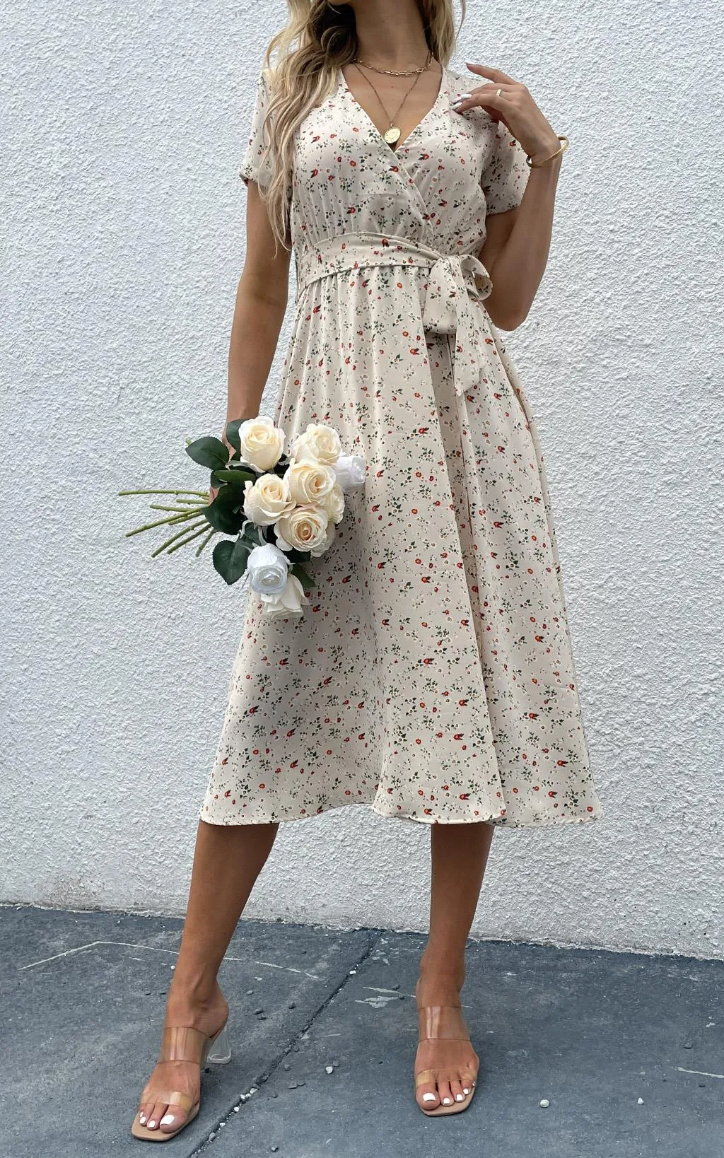 Floral Print High Waist Wrap Midi Dress In Beige