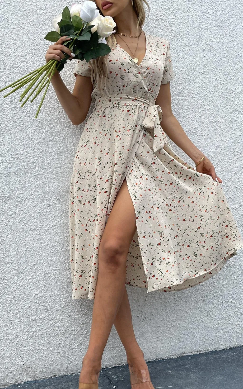 Floral Print High Waist Wrap Midi Dress In Beige