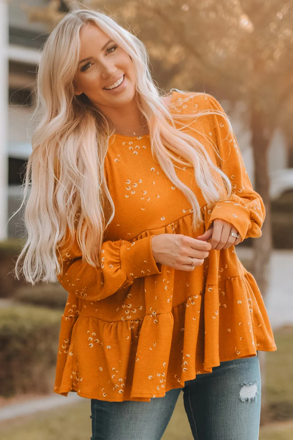 Floral Print Ruffle Long Sleeve Tunic Top