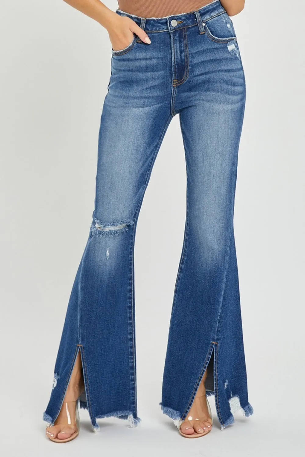 FRONT SLIT FRAYED JEANS