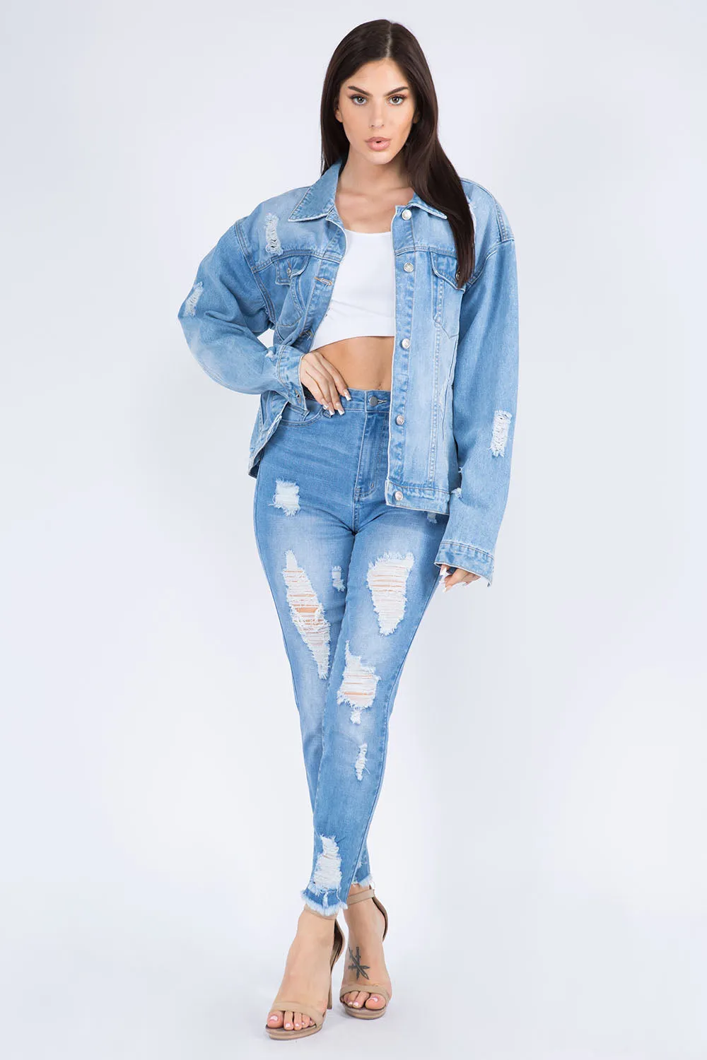 Full Size Painted Back Distressed Denim Jacket