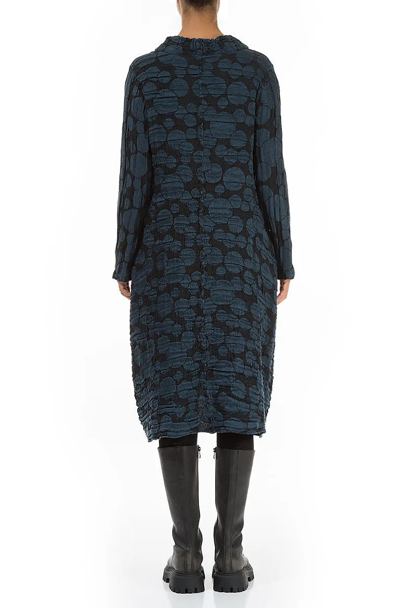 Gathered Neck Midnight Blue Circle Silk Linen Dress