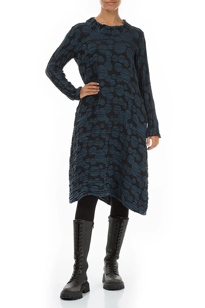 Gathered Neck Midnight Blue Circle Silk Linen Dress