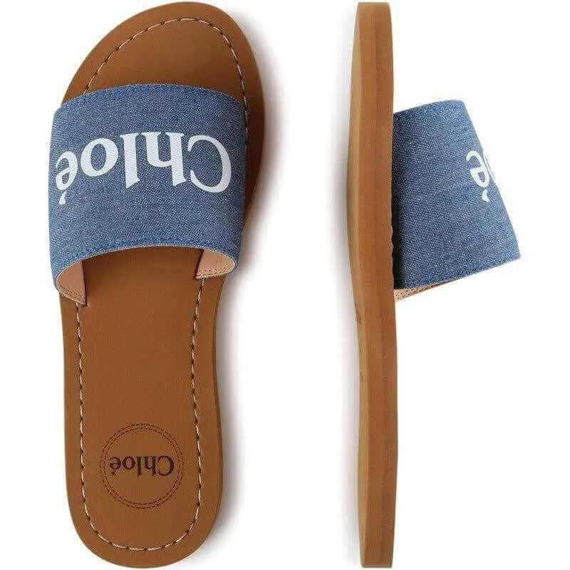 Girls Blue Denim Logo Slides