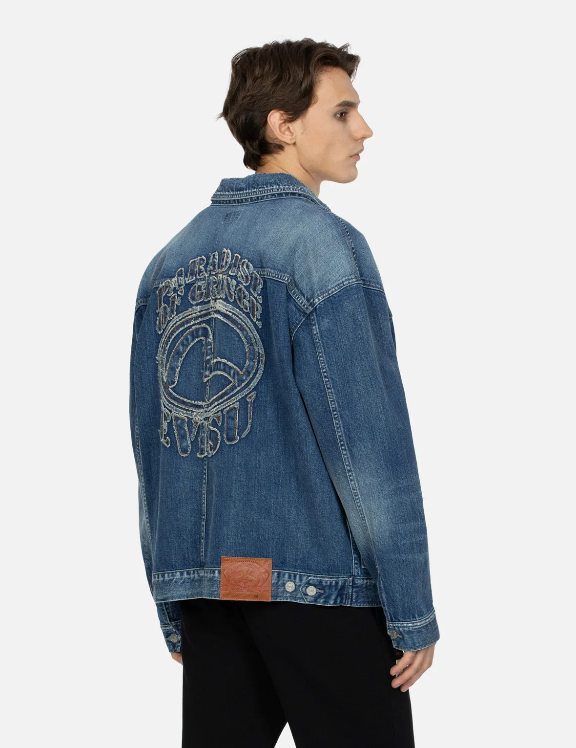 Grunge Style Logo and Seagull Appliqué Loose Fit Denim Jacket