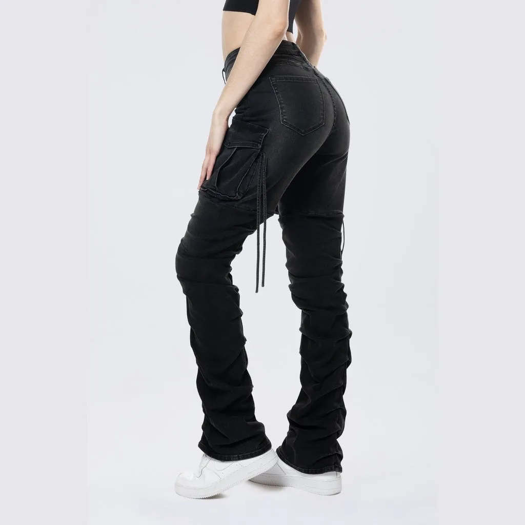 High Rise Bootcut Cargo Jeans - Aurora Black