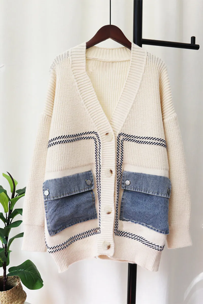 HWS1198 Denim Pocket Knit Cardigan