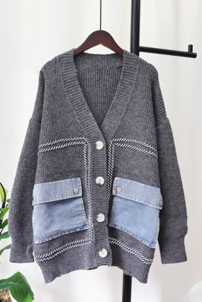 HWS1198 Denim Pocket Knit Cardigan