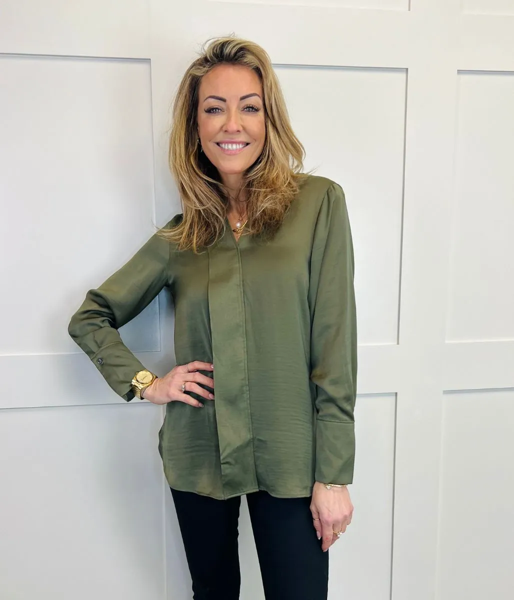 Khaki Satin Look Popover Blouse