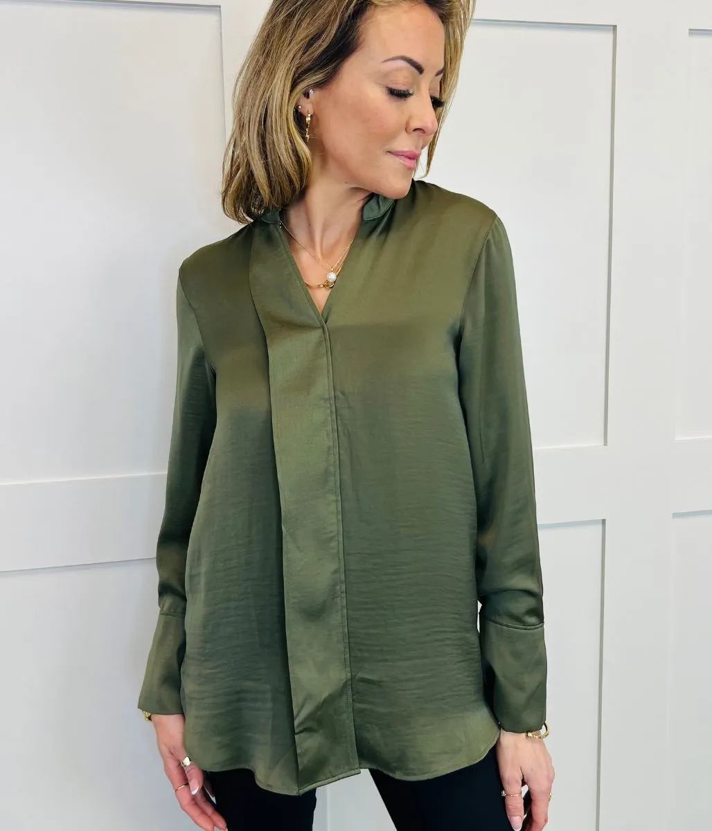 Khaki Satin Look Popover Blouse