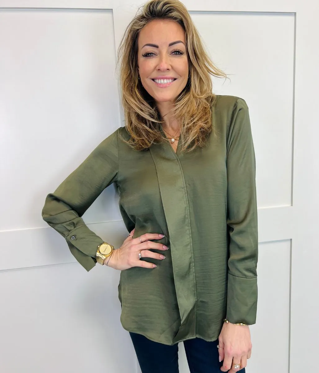 Khaki Satin Look Popover Blouse