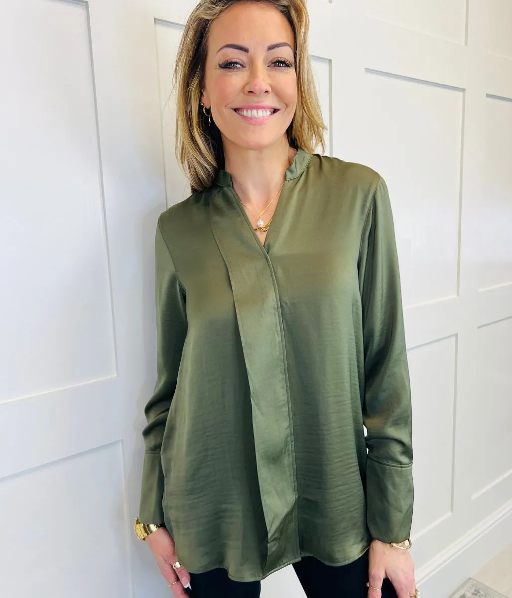 Khaki Satin Look Popover Blouse