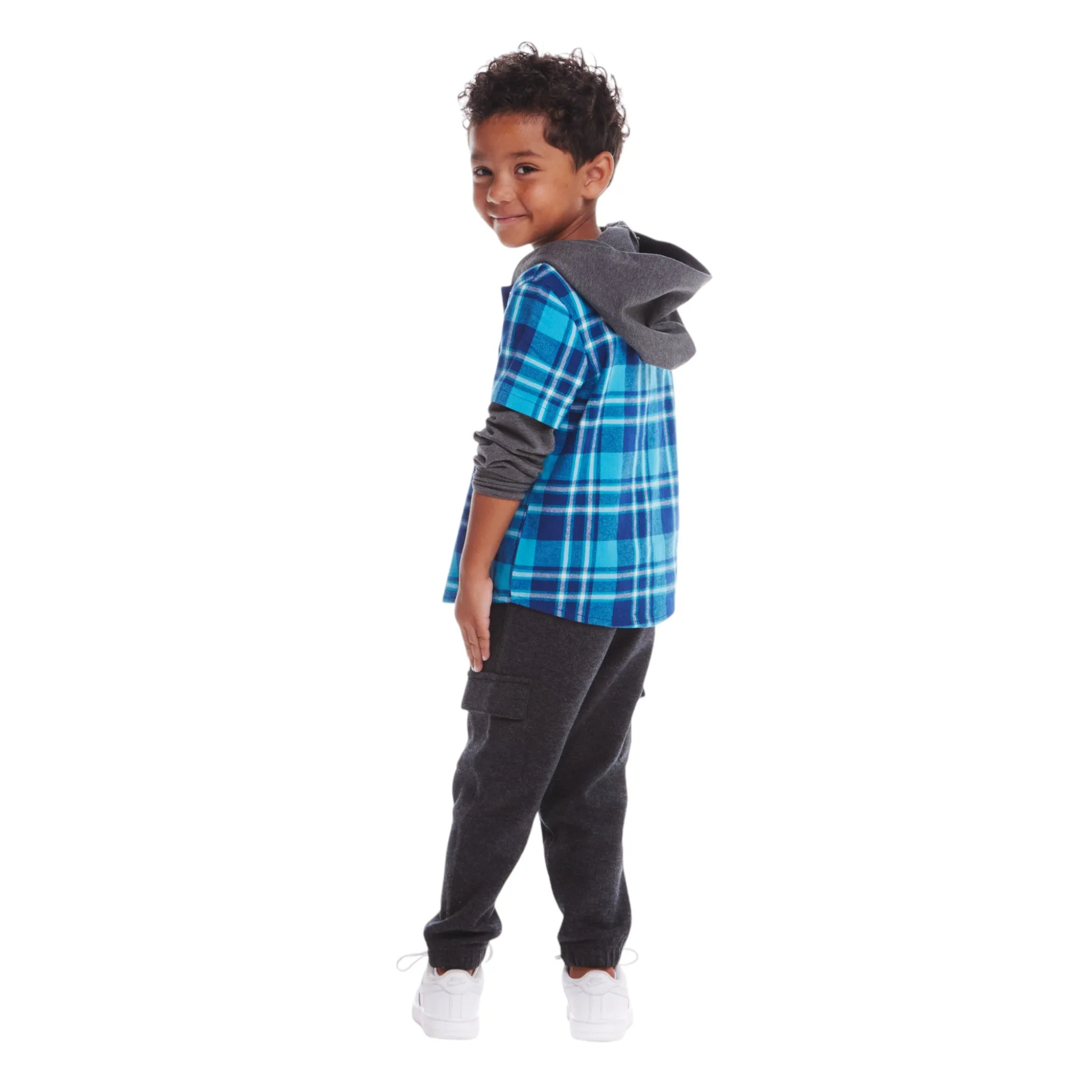 Kids Plaid Flannel Terry Twofer Hoodie | Teal