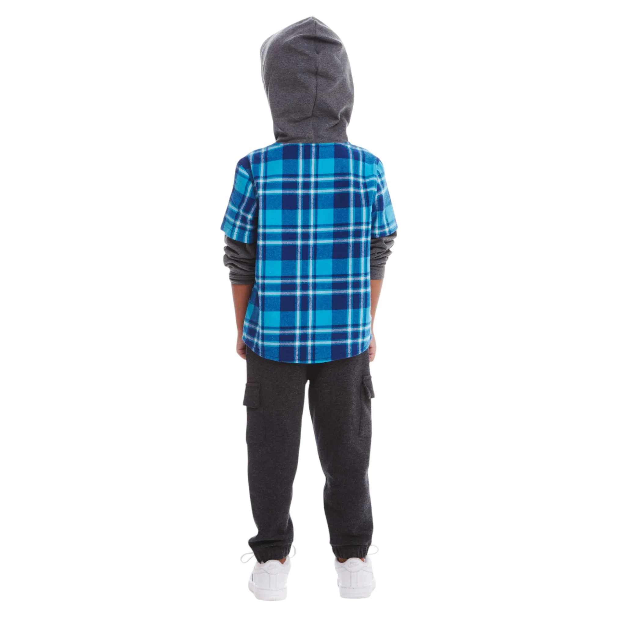 Kids Plaid Flannel Terry Twofer Hoodie | Teal