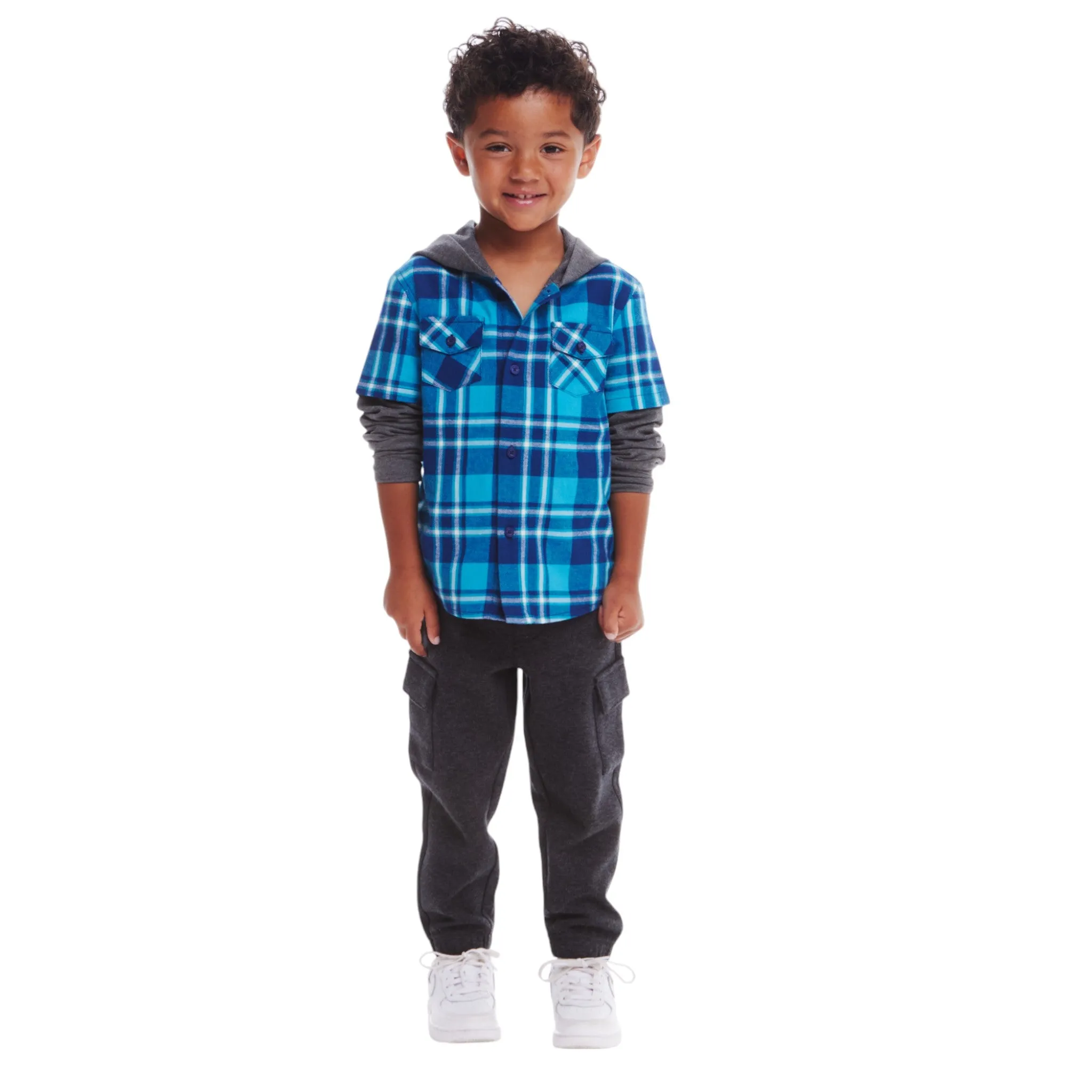 Kids Plaid Flannel Terry Twofer Hoodie | Teal