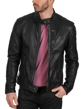 Leather Jackets Hub Mens Genuine Lambskin Leather Jacket (Black, Racer Jacket) - 1501187