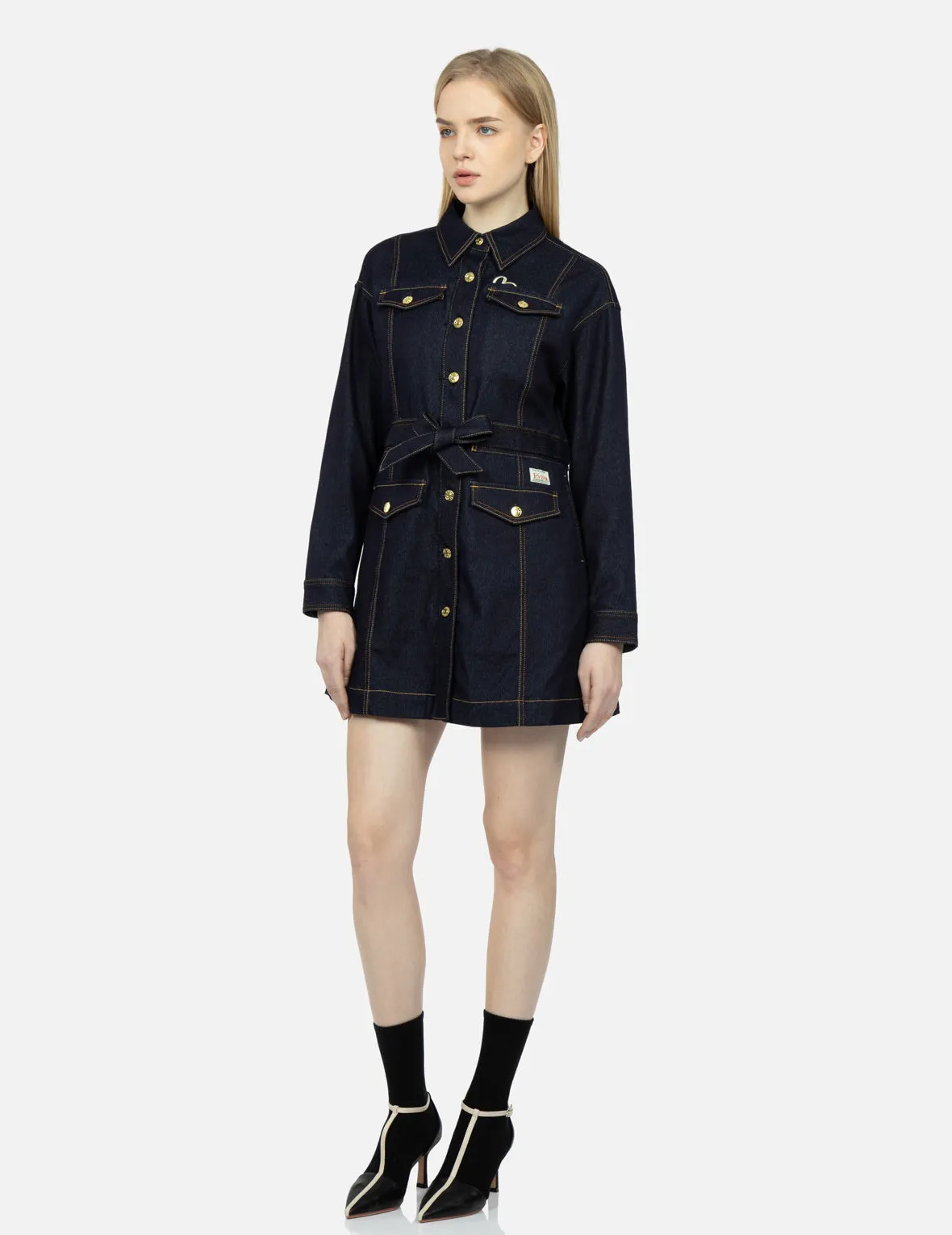 Logo Embroidery Denim Shirt Dress