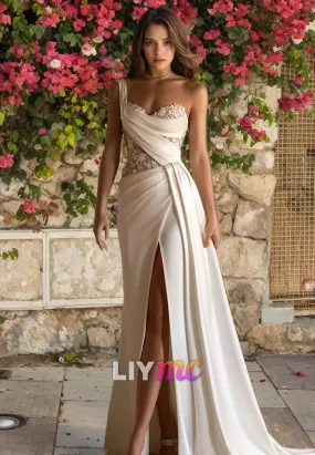 LW507 - Sheath Sweetheart One Shoulder Floral Appliqued Draped High Side Slit Floor-Length Boho Wedding Dress with Overlay