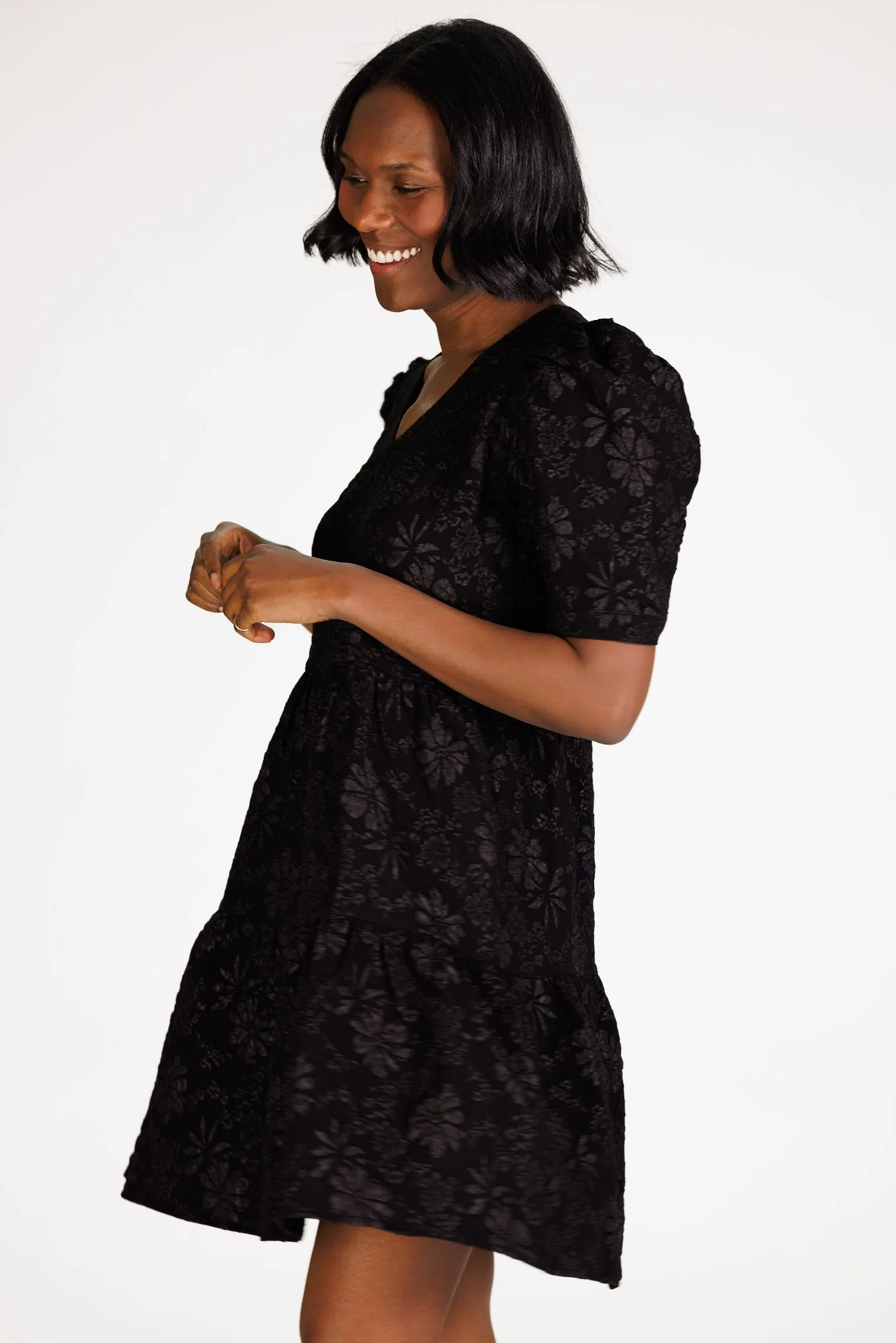 Marci Tiered Dress in Black Floral Stretch Jacquard