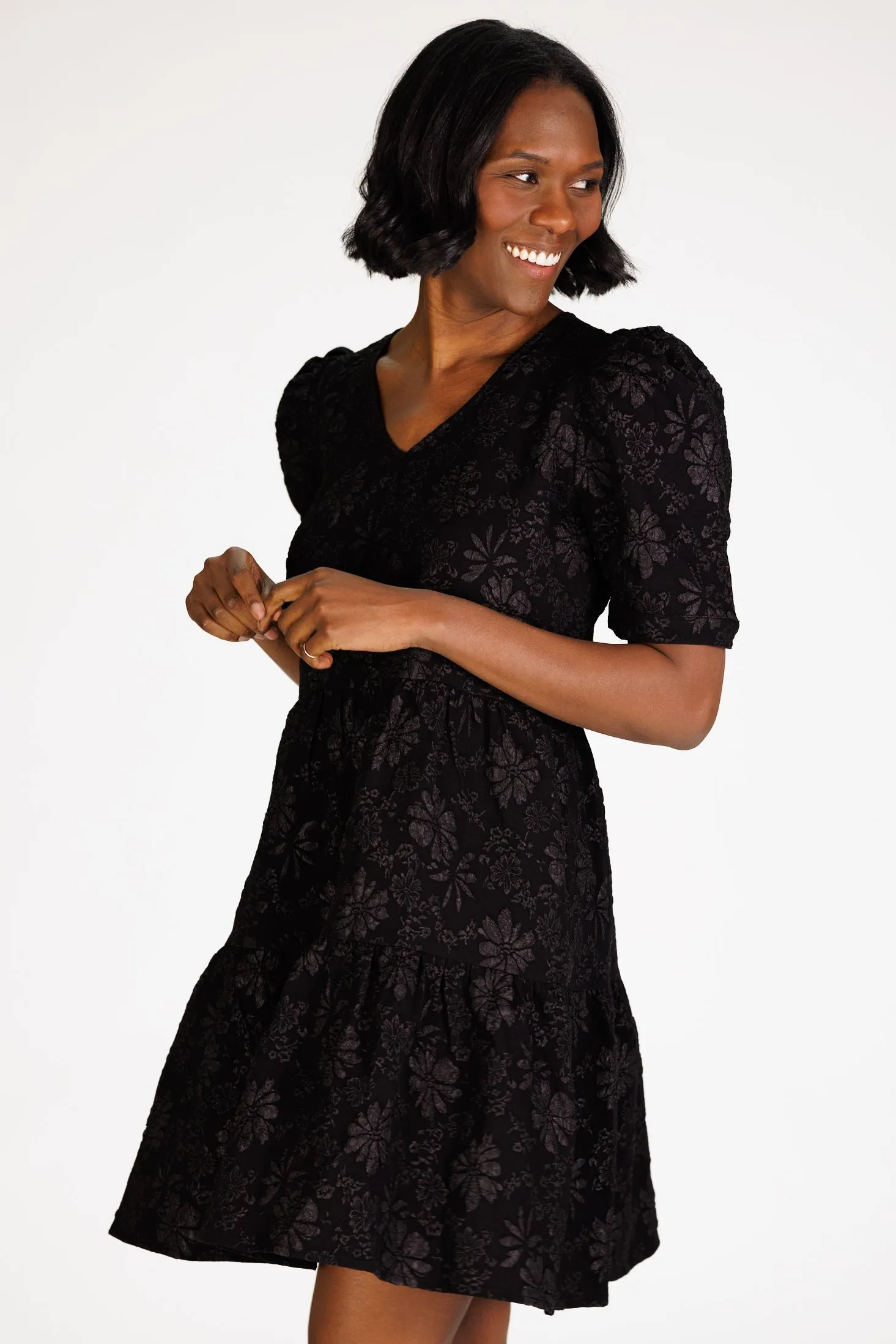 Marci Tiered Dress in Black Floral Stretch Jacquard