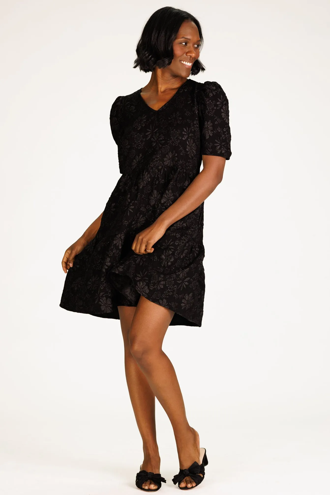 Marci Tiered Dress in Black Floral Stretch Jacquard