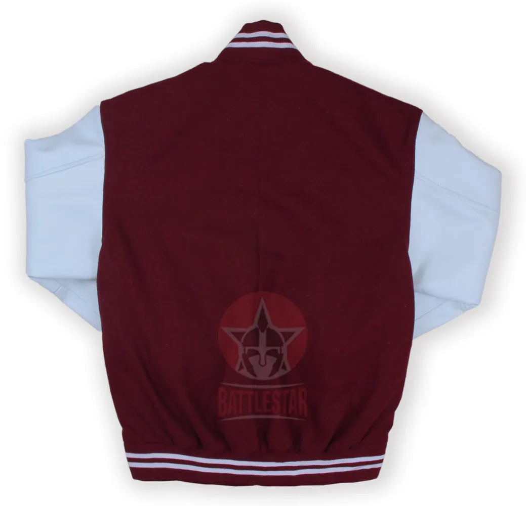 Maroon Wool Varsity Jacket White Pure Leather Sleeves