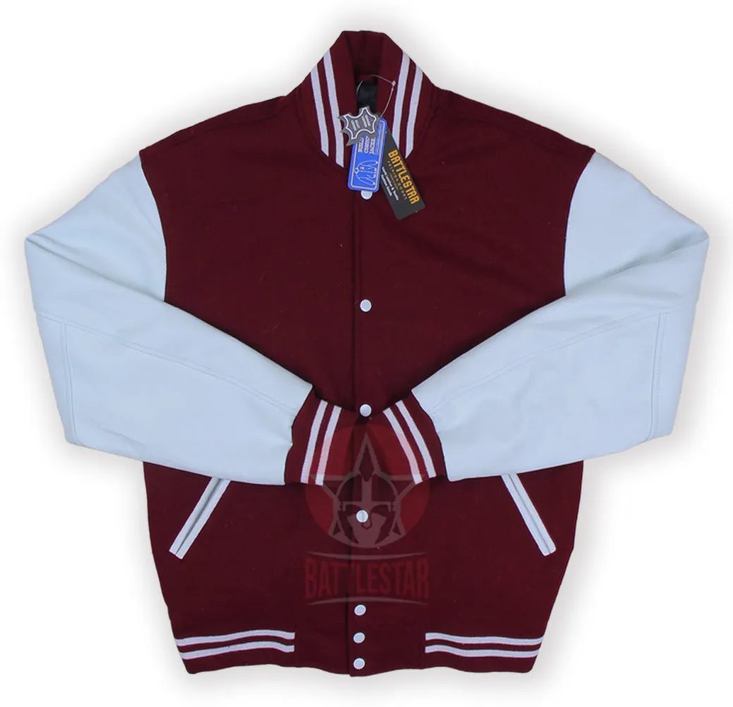 Maroon Wool Varsity Jacket White Pure Leather Sleeves