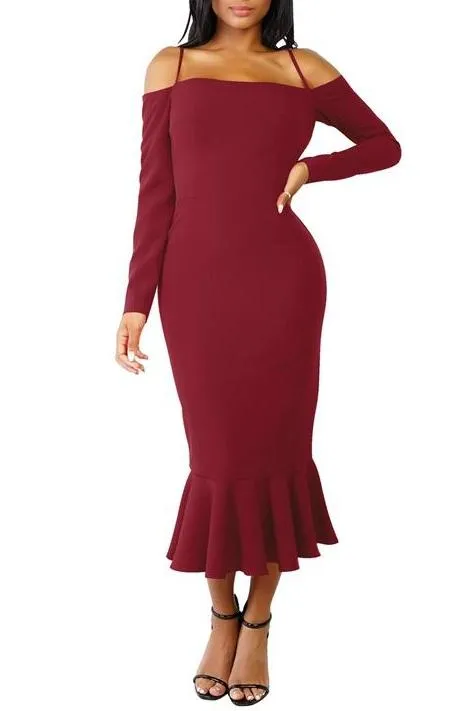 MB FASHION Off-Shoulder Mermaid Midi Dress with Long Sleeve Strap Detail 2583