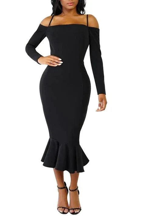 MB FASHION Off-Shoulder Mermaid Midi Dress with Long Sleeve Strap Detail 2583