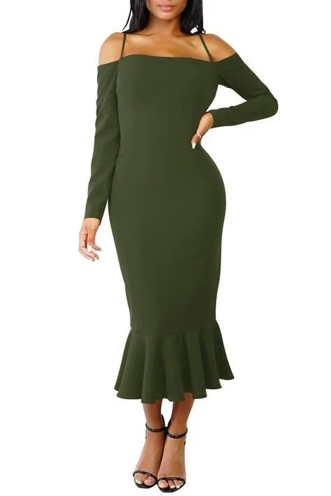 MB FASHION Off-Shoulder Mermaid Midi Dress with Long Sleeve Strap Detail 2583