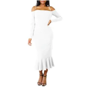 MB FASHION Off-Shoulder Mermaid Midi Dress with Long Sleeve Strap Detail 2583