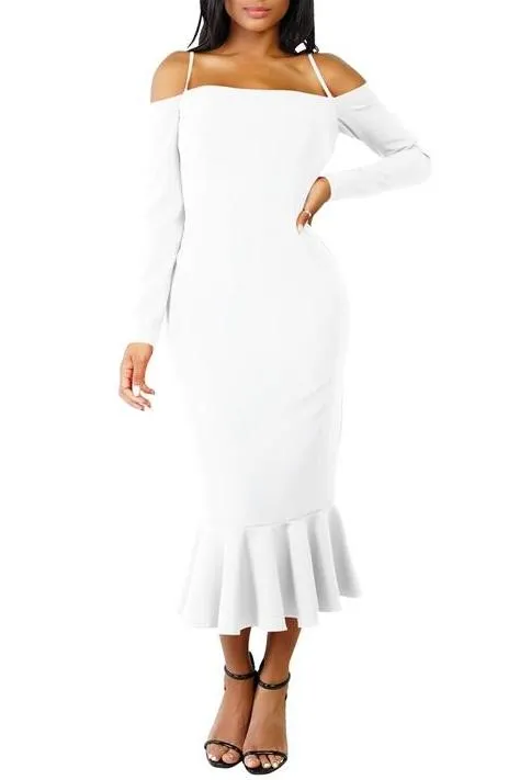 MB FASHION Off-Shoulder Mermaid Midi Dress with Long Sleeve Strap Detail 2583