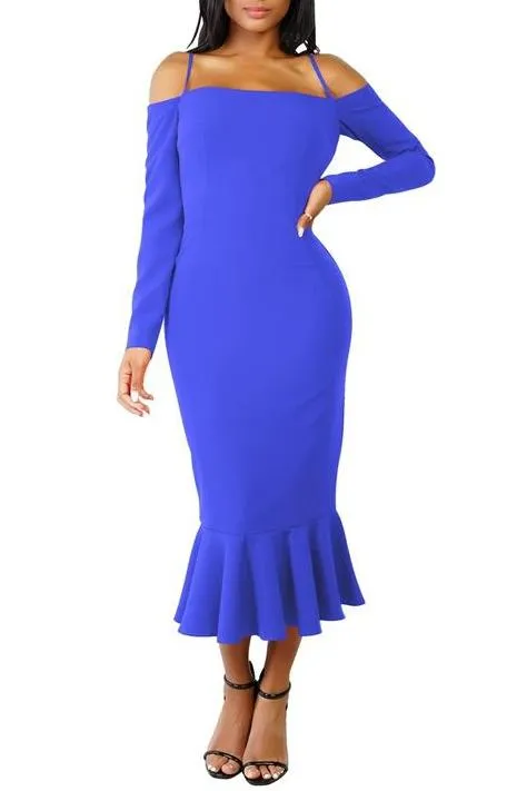 MB FASHION Off-Shoulder Mermaid Midi Dress with Long Sleeve Strap Detail 2583