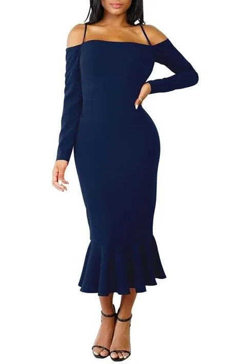 MB FASHION Off-Shoulder Mermaid Midi Dress with Long Sleeve Strap Detail 2583