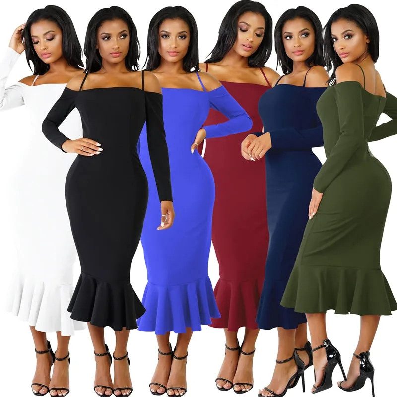 MB FASHION Off-Shoulder Mermaid Midi Dress with Long Sleeve Strap Detail 2583