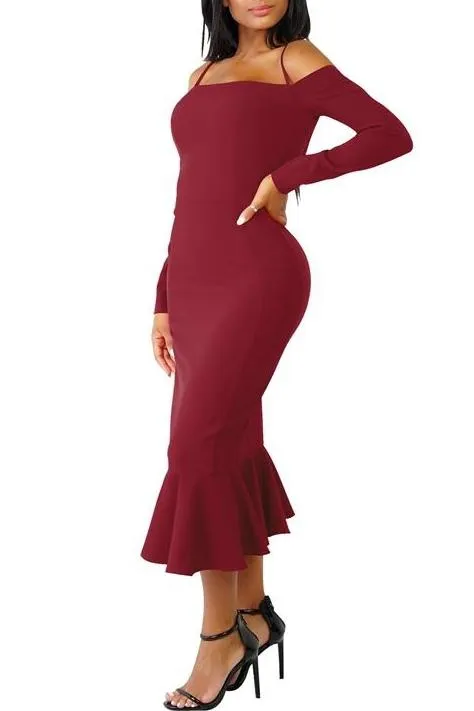 MB FASHION Off-Shoulder Mermaid Midi Dress with Long Sleeve Strap Detail 2583