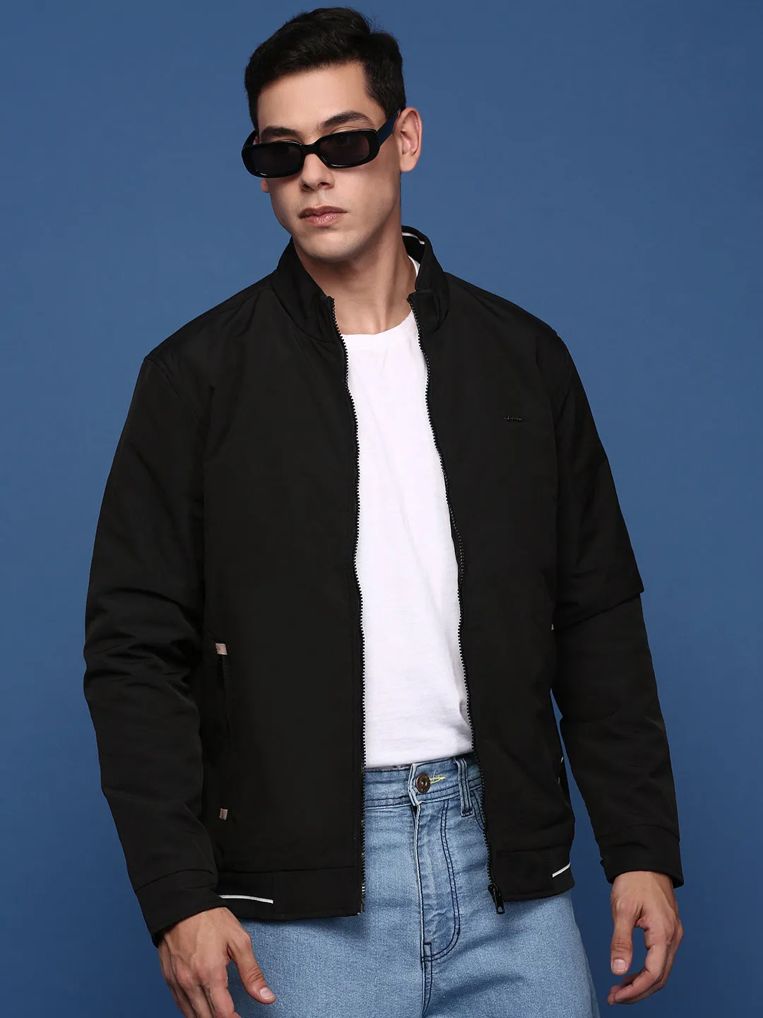 Men Solid Black Bomber Jacket