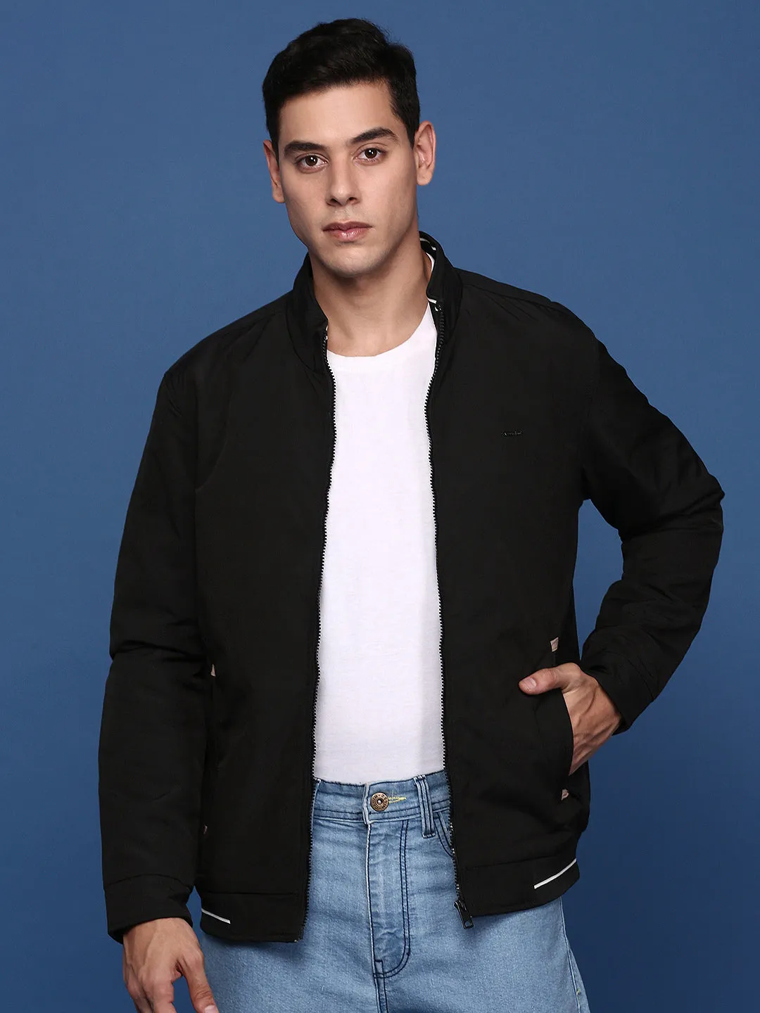 Men Solid Black Bomber Jacket