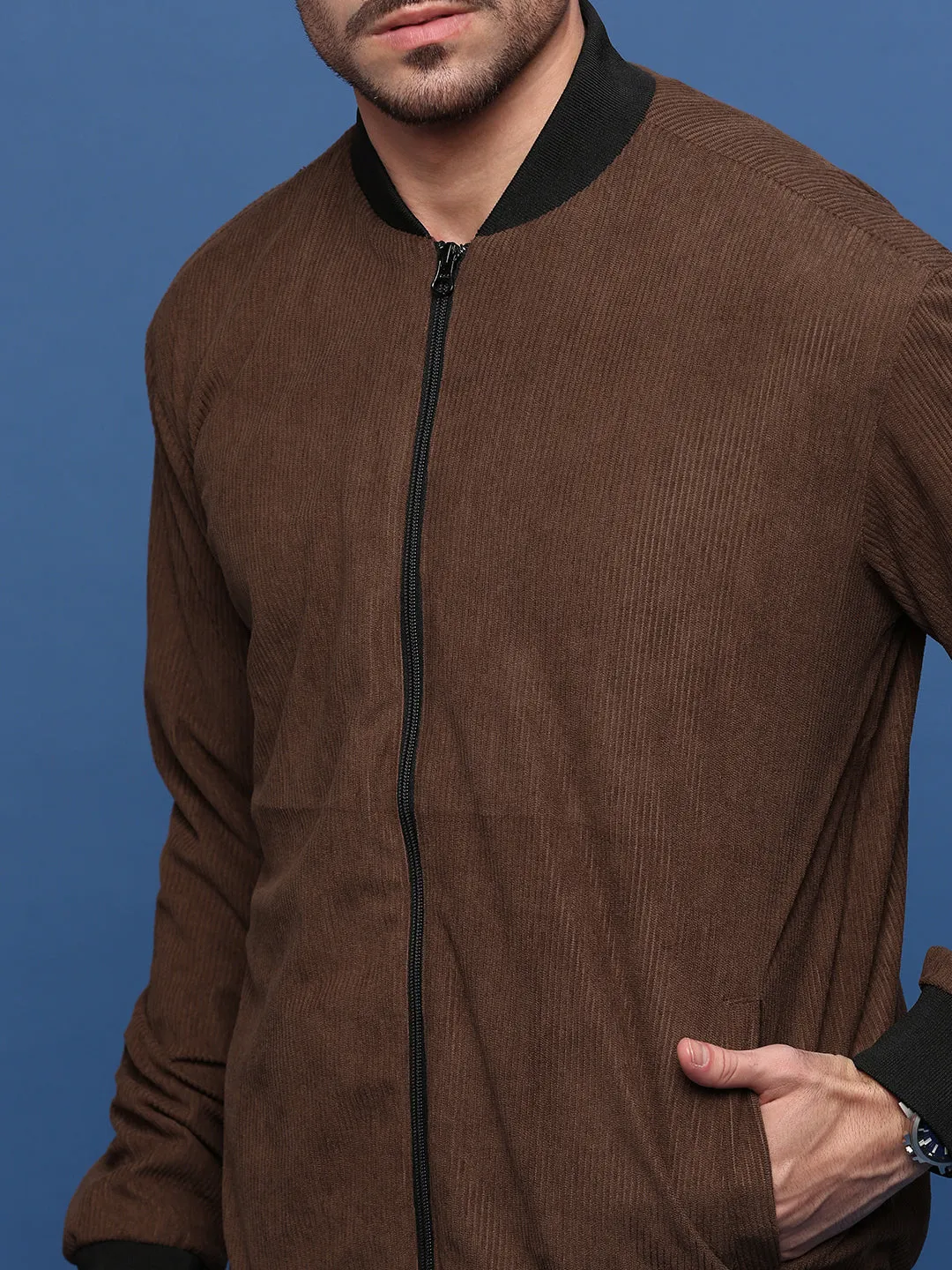 Men Solid Brown Bomber Jacket