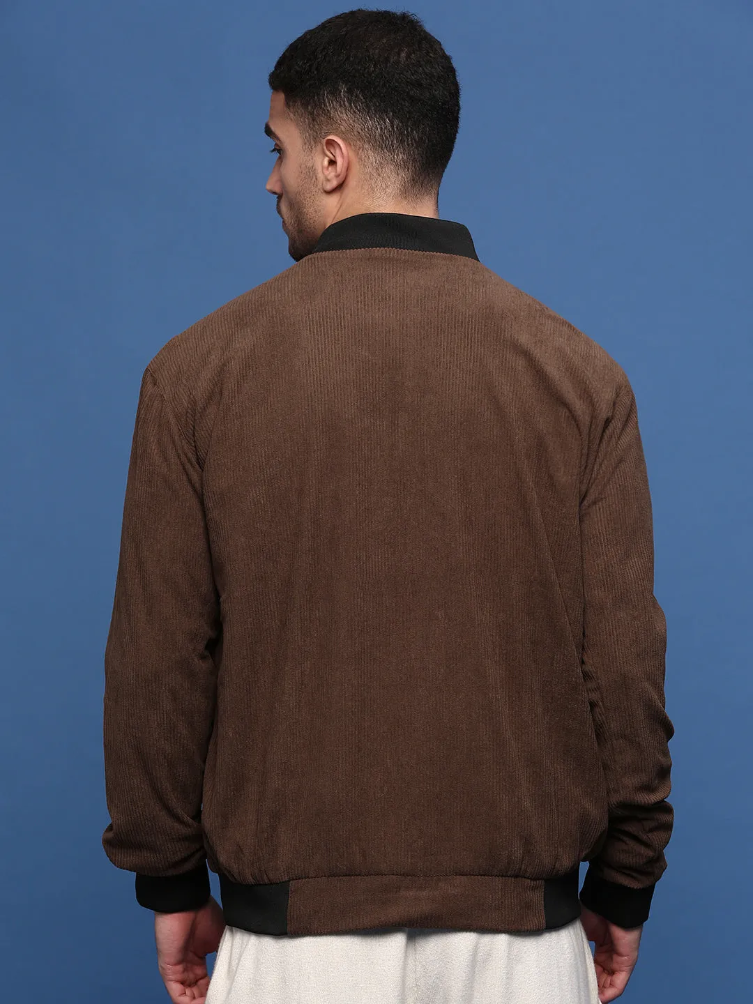 Men Solid Brown Bomber Jacket