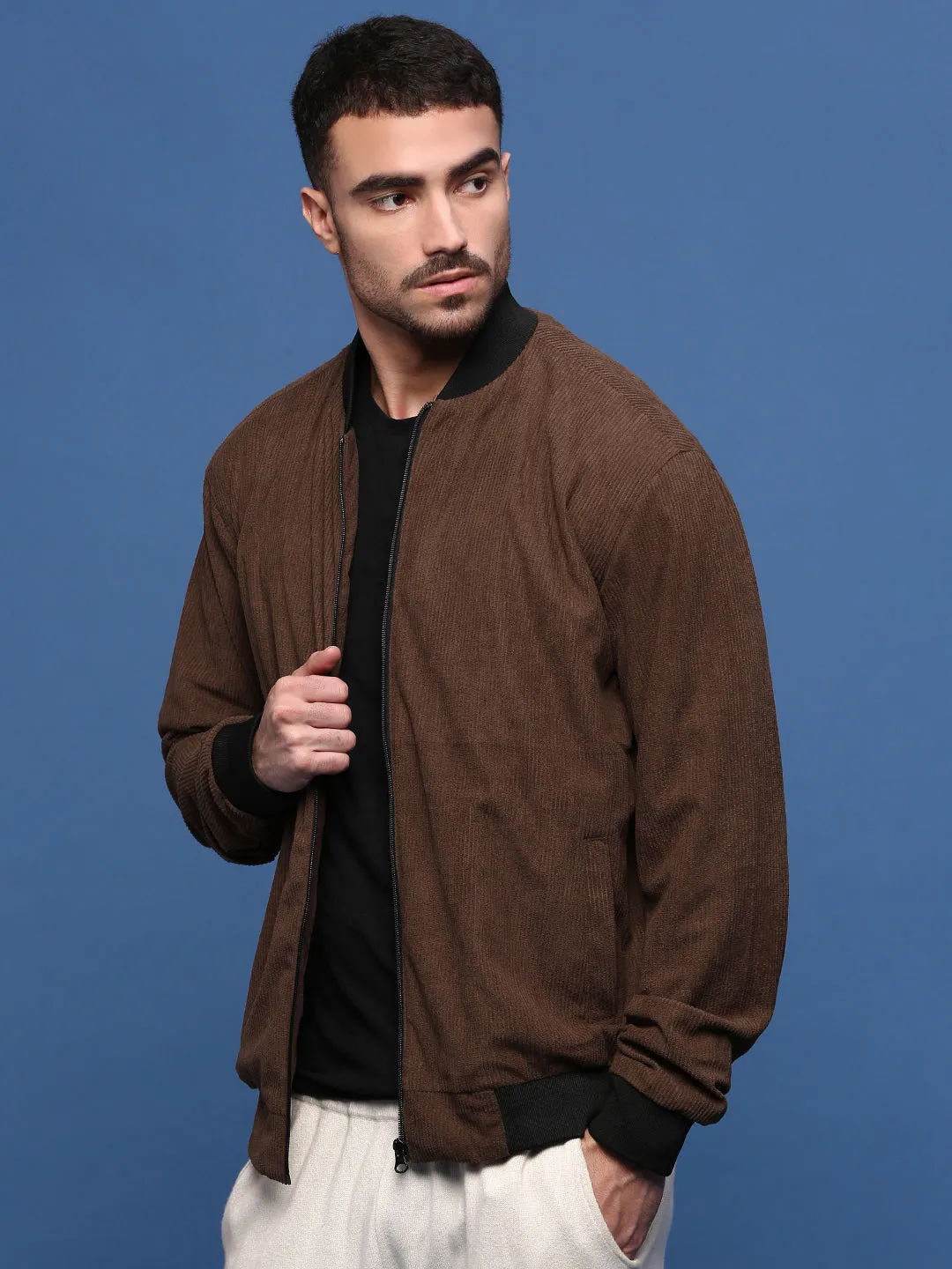 Men Solid Brown Bomber Jacket