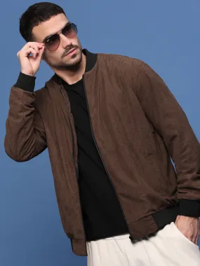 Men Solid Brown Bomber Jacket